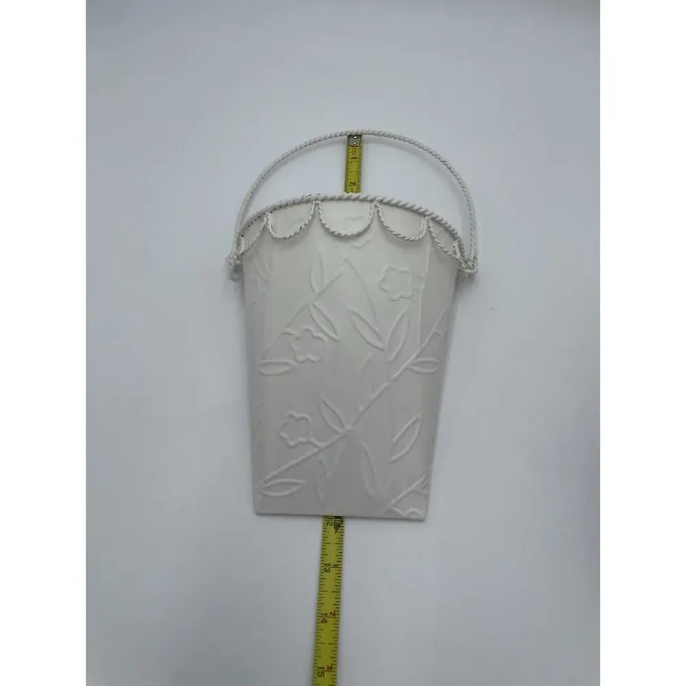 Vintage Style Wall Pocket Hanging Half Bucket Embossed Shabby White Flowers